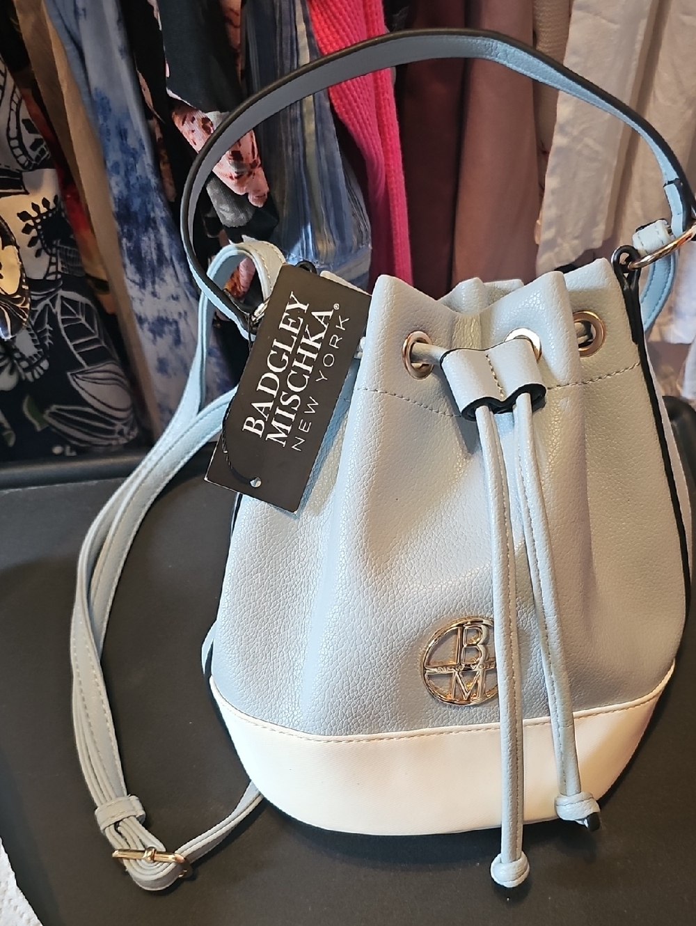 Badgley Mischka Light Blue and White Drawstring Bucket Purse